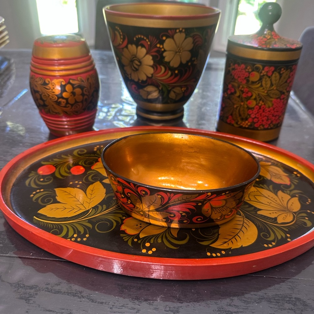 Russian Khokhloma Painted Wooden Tray & Bowl Set - Black & Gold